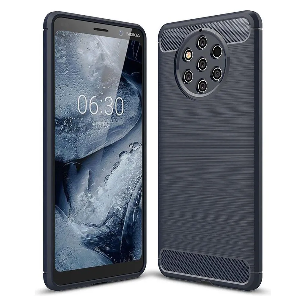 König Design Nokia 9 Pure View TPU Handy Case Carbon Fiber Brushed Schutz Hülle Bumper Blau