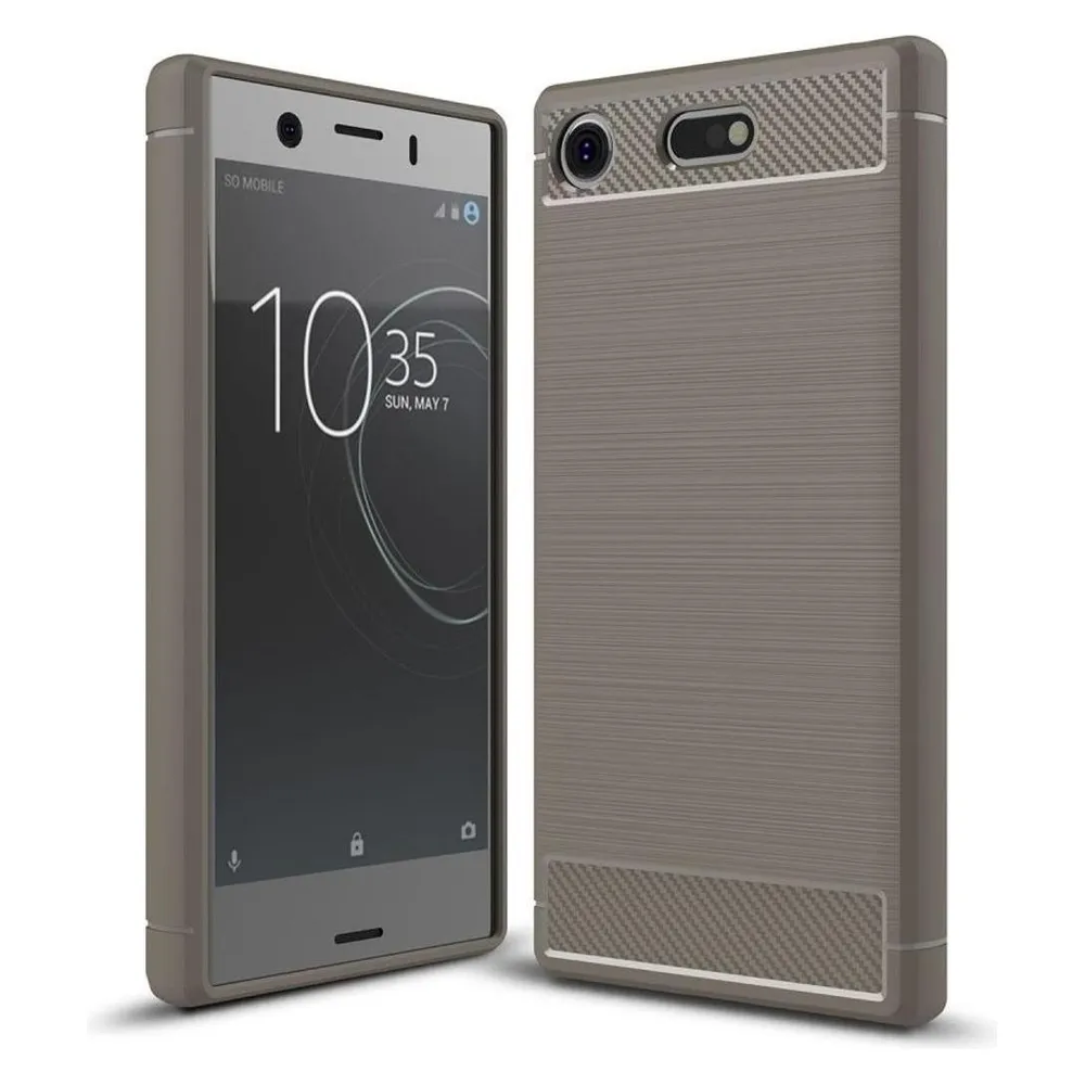 König Design Sony Xperia XZ1 Mini Handy Hülle TPU Case Carbon Fiber Schutz Cover Grau Etuis