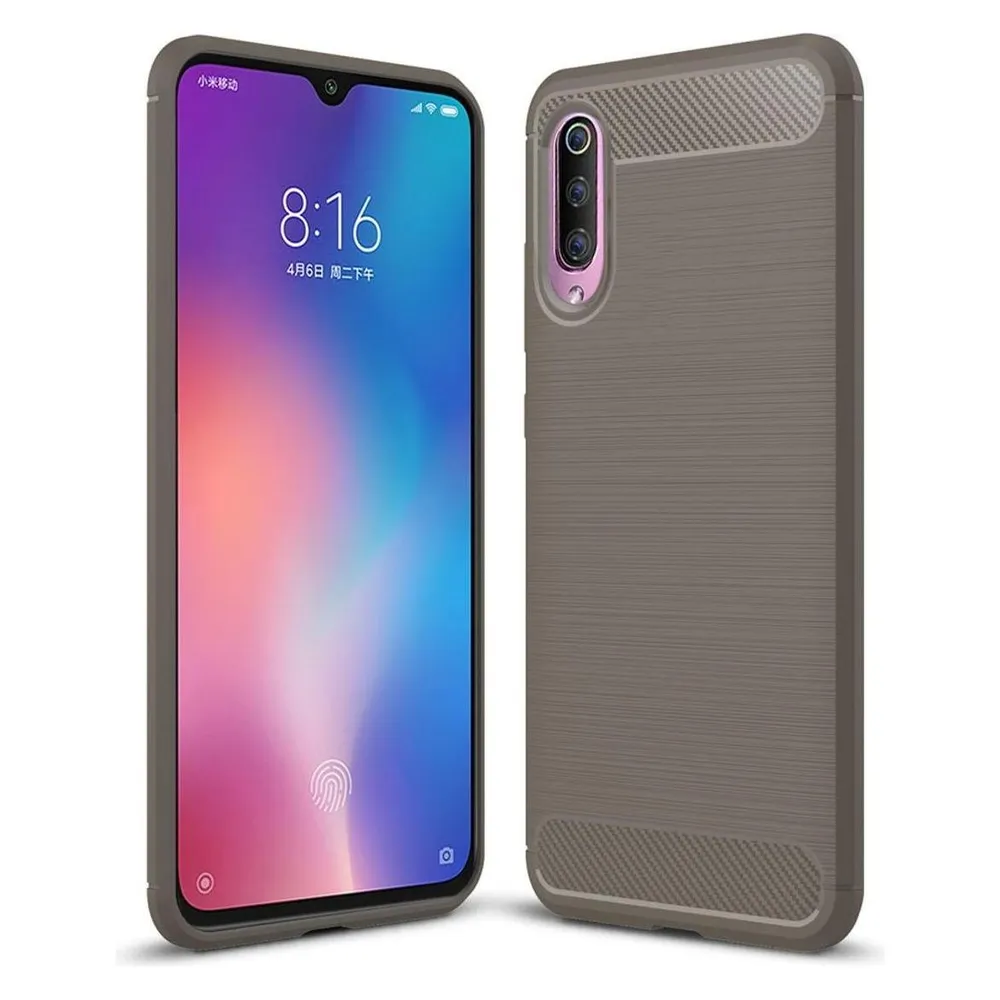 König Design Xiaomi Mi 9 TPU Handy Case Carbon Fiber Brushed Schutz Hülle Bumper Cover Grau