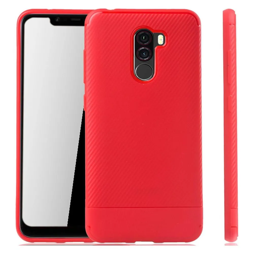 König Design Xiaomi Pocophone F1 Schutzhülle Silikon Slim Case Handy Cover Carbon Optik Rot