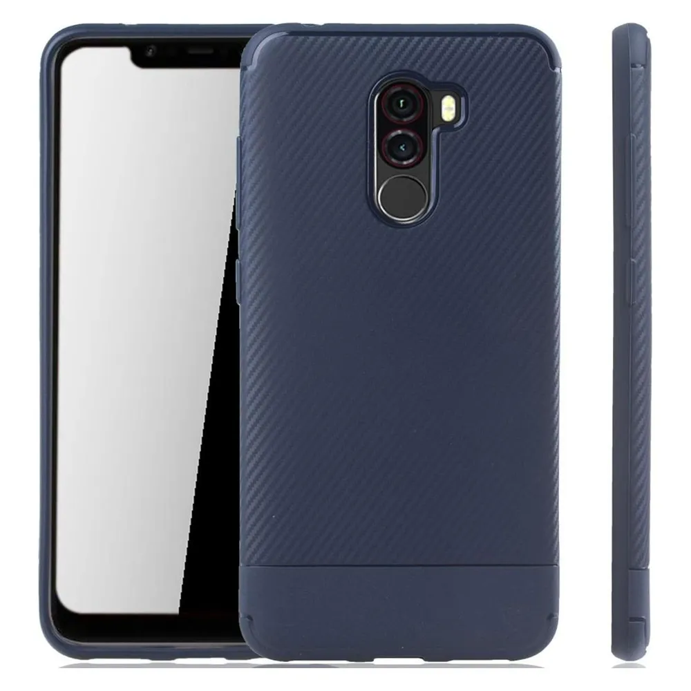 König Design Xiaomi Pocophone F1 Schutzhülle Silikon Slim Case Handy Cover Carbon Optik Blau