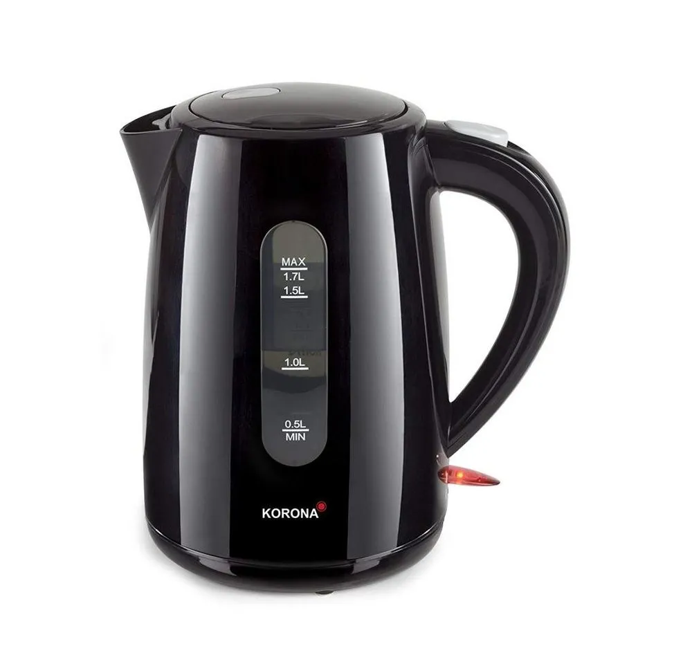 KORONA Wasserkocher Schwarz 1,7 Liter 2200W 360° Basisstation kabellos, 2200 W, Dampf-Stopp Automatik, Trockengehschutz, verdecktes Heizelement