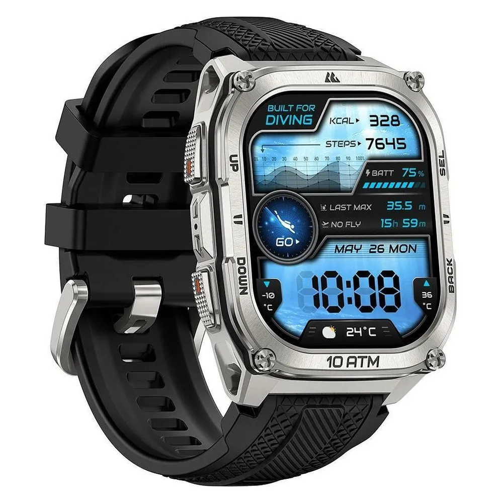 Kospet Tank M4 Bluetooth GPS 50mm AMOLED Silber Schwarzes Armband One size Wasserdicht IP69K SpO2 Pulsmesser