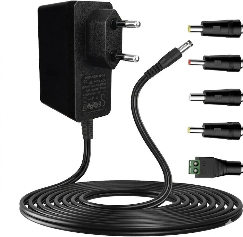 kowdom 12V Netzteil 2A 24W AC Adapter Universal 2m Kabel 5 Stecker Universal-Netzteil (5 Adapterköpfe 2m Kabel 24W Leistung Kurzschlussschutz)