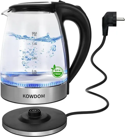kowdom Wasserkocher Glas 1,8L 2200W BPA-frei Schnellkochfunktion LED Abschaltung Haushalt, 2200 W, BPA-frei, Borosilikatglas, Kompakt, Beidhändig geeignet