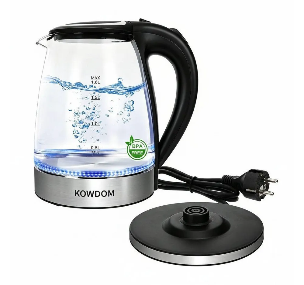 kowdom Wasserkocher Wasserkocher Glas 1,8L 2200W BPA-frei LED automatische Abschaltung, 2200 W, Borosilikatglas, BPA-frei, automatische Abschaltung, 2200W