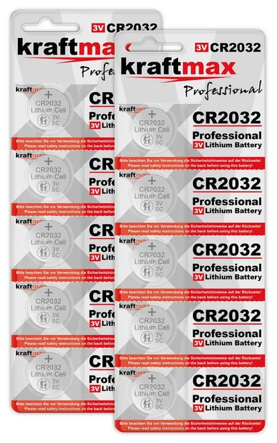 kraftmax 10er Pack CR2032 Lithium Hochleistungs- Batterie / 3V Knopfzelle Knopfzelle, (3 V V), Hochleistungs-Lithium-Technologie für lange Haltbarkeit