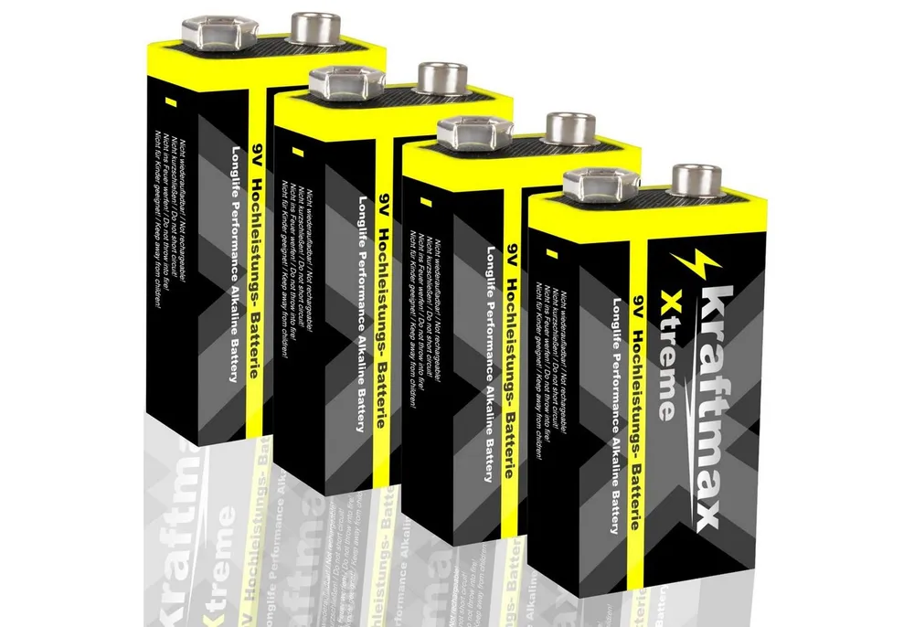 kraftmax 4er Pack Xtreme 9V Block Hochleistungs- Batterien für z.B. Rauchmelder Batterie, (1 St)