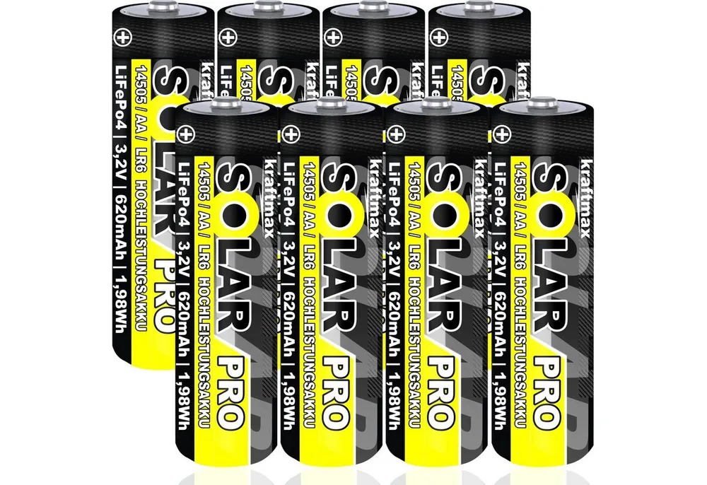 kraftmax 8 er Pack SOLAR pro Mignon AA Akkus - 3,2V / 1,92Wh / 14505 - LiFePo4 Akku Mignon AA 600 mAh (3,2V V, 1 St), Solar-kompatibel