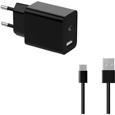 Ksix 12 W USB-A-Netzwerkladegerät + USB-A-auf-USB-C-Kabel 1 m Schwarz
