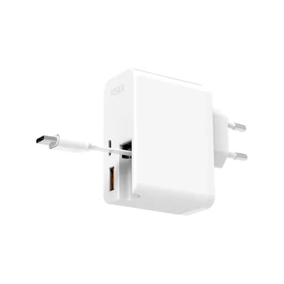 Ksix 65W Ultra-Schnellladegerät mit USB-C Power Delivery, USB-A Schnellladefunktion und integriertem, einziehbarem USB-C-Kabel