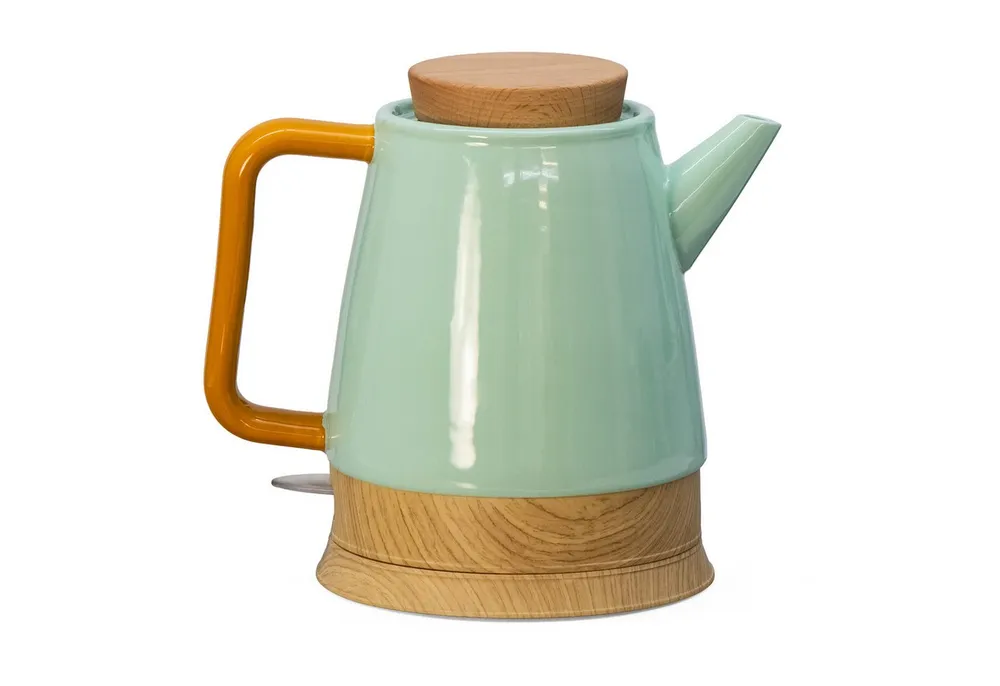 KVOTA Wasserkocher Keramik-Wasserkocher 1,5 l mint/holz mit Holzdeckel, Grün/Mint, 1.5 l, 1600 W, Holzdeckel, Glanz, smartes Design