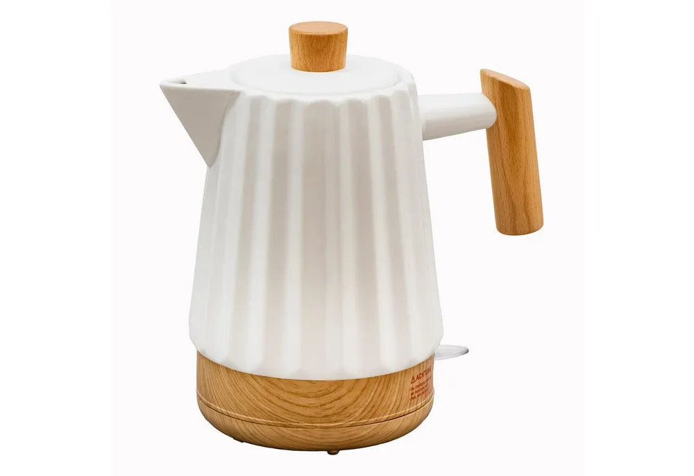 KVOTA Wasserkocher Keramik-Wasserkocher 1,7 l weiß mit Holzgriff, LED & 360°-Sockel, 1.7 l, 1500 W, Leise im Betrieb, Längere Warmhaltezeit