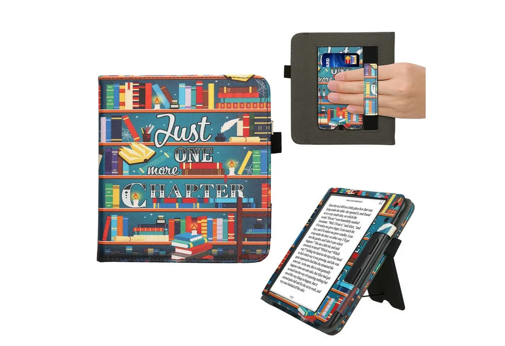 kwmobile E-Reader-Hülle Flip Schutzhülle für Kobo Kobo Libra Colour / Tolino Vision Color, Handschlaufe - Cover Bibliothek Motto Design