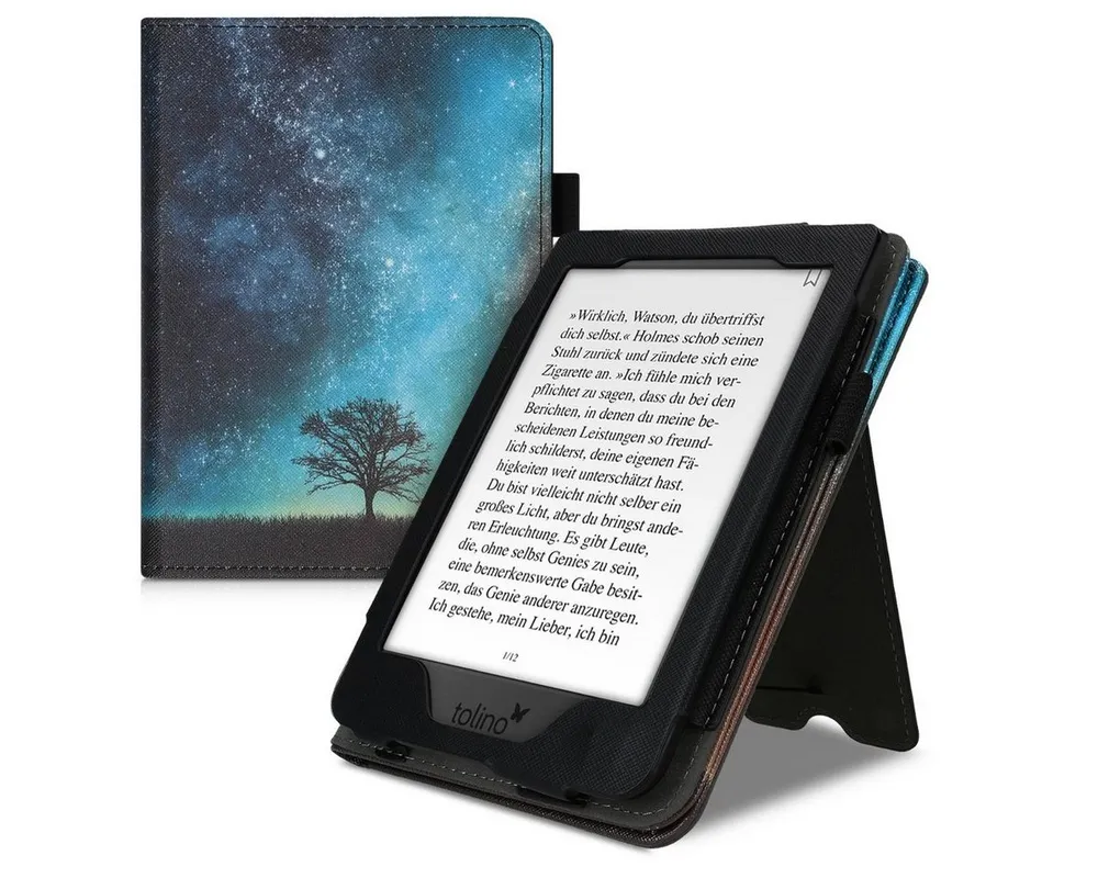 kwmobile E-Reader-Hülle Flip Schutzhülle für Tolino Page 2, Handschlaufe - Cover Galaxie Baum Wiese Design