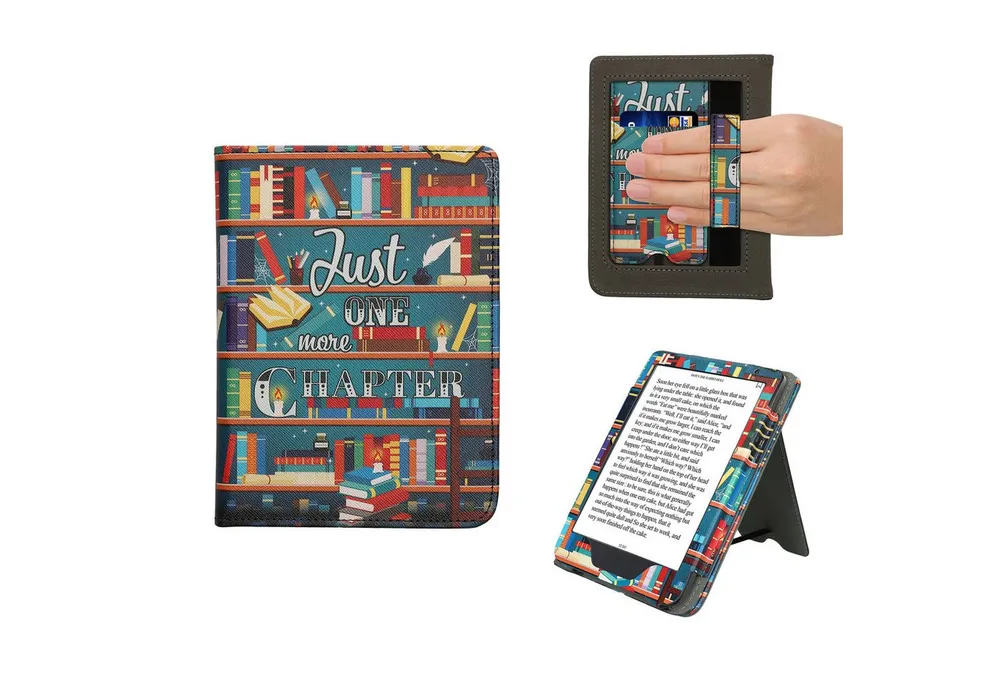 kwmobile E-Reader-Hülle Flip Schutzhülle für Kobo Clara BW / Clara Colour / Tolino Shine (5), Handschlaufe - Cover Bibliothek Motto Design