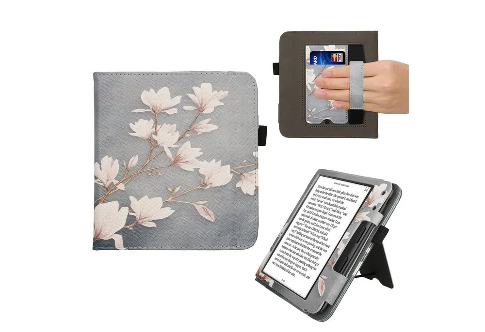 kwmobile E-Reader-Hülle Flip Schutzhülle für Kobo Kobo Libra Colour / Tolino Vision Color, Handschlaufe - Cover Magnolien Design
