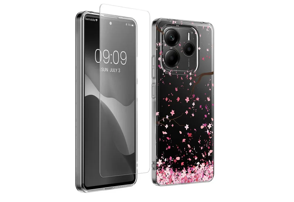 kwmobile Handyhülle Hülle für Xiaomi Redmi Note 14 5G (Nicht für 4G) Handyhülle - Silikon, Case mit Schutzfolie Kirschblütenblätter Design