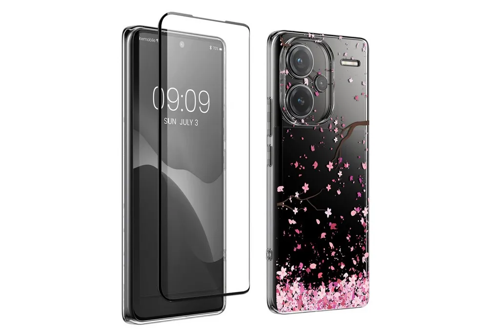 kwmobile Handyhülle Hülle für Xiaomi Redmi Note 13 Pro+ 5G / Redmi Note 13 Pro Plus 5G, Case mit Schutzfolie Kirschblütenblätter Design