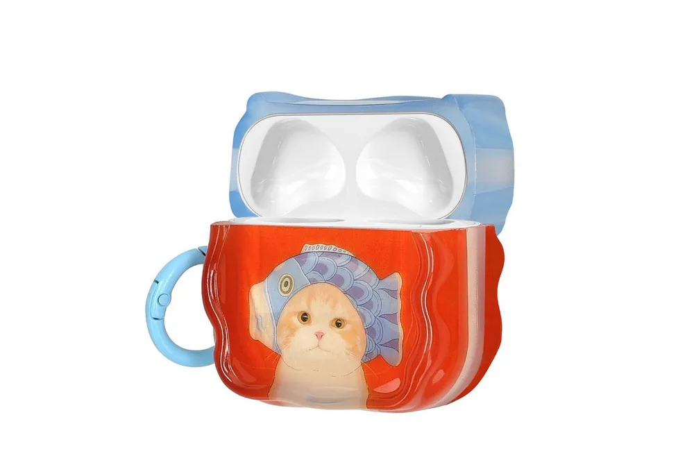 kwmobile Kopfhörer-Schutzhülle In-Ear Kopfhörer Case für Apple Airpods 4, Hülle mit Karabiner - Headphones Case - Katze mit Fischhut Design