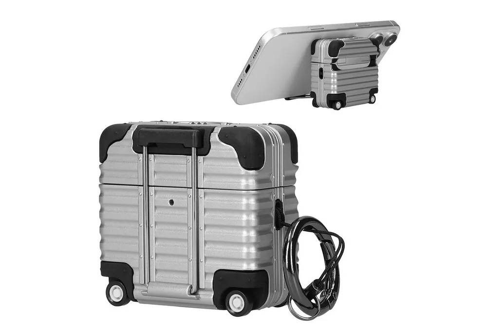 kwmobile Kopfhörer-Schutzhülle Kopfhörer Case für Apple Airpods 4 Hülle, Koffer-Design In-Ear-Kopfhörer Cover mit Handy Ständer