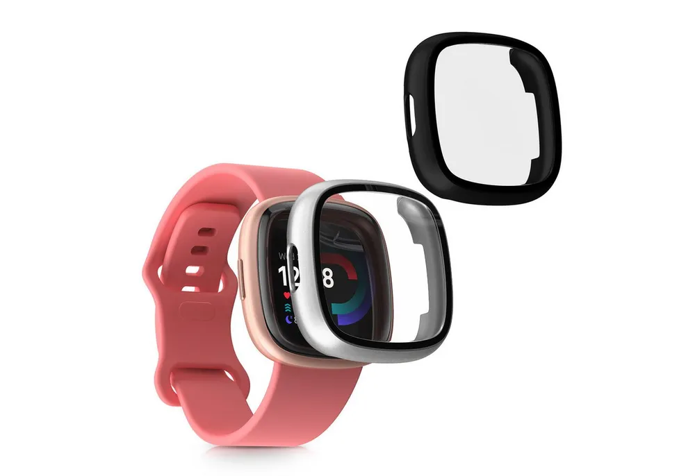 kwmobile Smartwatch-Hülle 2x Glas Hülle für Fitbit Versa 4 / Sense 2, Schutzhülle Fullbody Fitnesstracker Case Set aus Glas