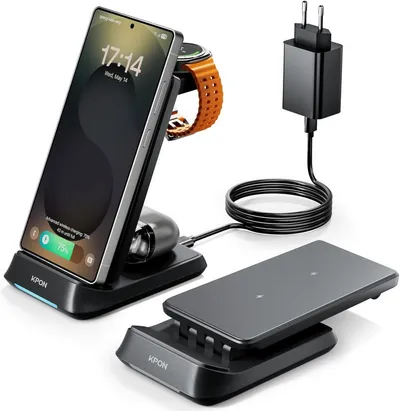 LA CUTE 3-in-1 Induktive Ladestation 20W Faltbar Galaxy iPhone Watch AirPods Wireless Charger (1500 mA, Komplettset für Smartphone, Watch und Earbuds, Ladegerät mit Netzadapter, USB-C-Kabel und Anleitung, 3-in-1 Ladegerät für Samsung, iPhone, Watch, Buds)