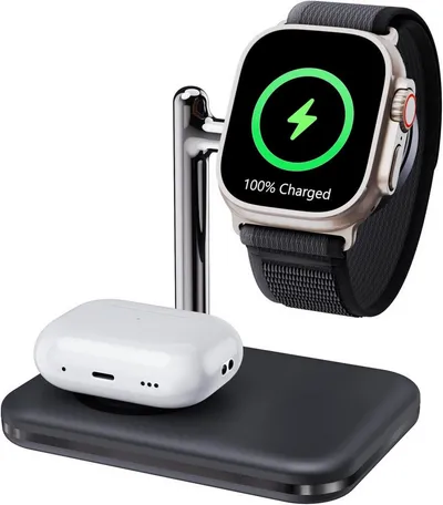 LA CUTE Ladestation 2-in-1 Wireless Charger für Apple Watch und AirPods Pro Wireless Charger (1000,00 mA, 2-in-1 Ladegerät für Apple Watch & AirPods, 2-in-1 Ladestation für Apple Watch & AirPods mit USB-C-Kabel, Kompakt, kabellos, faltbar – ideal für Reisen)