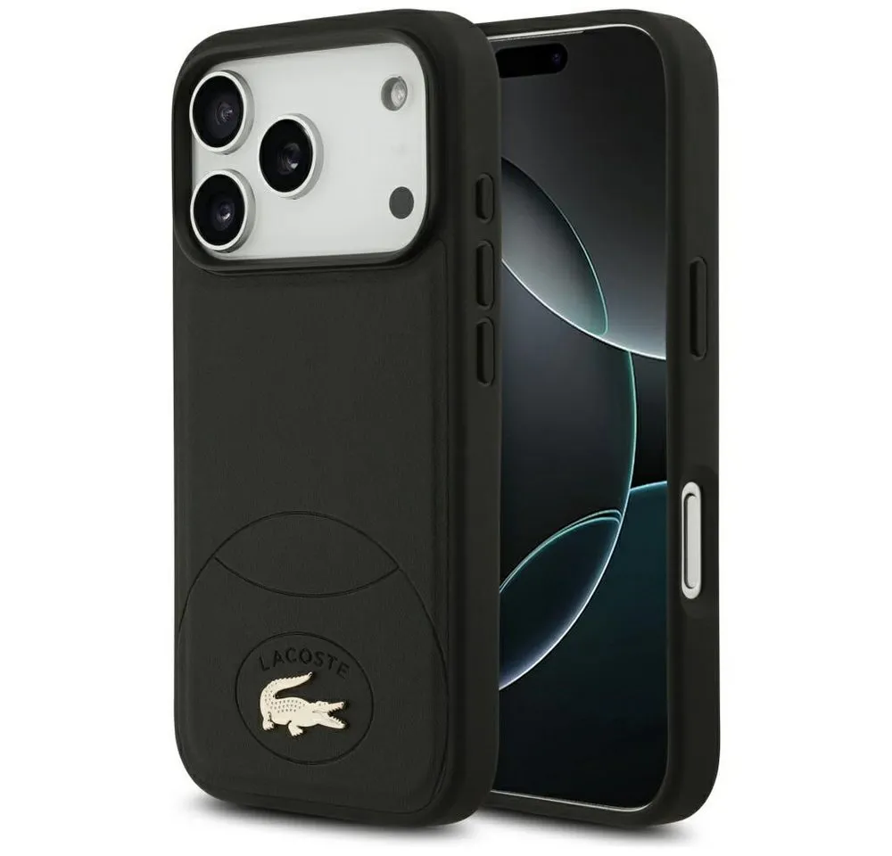 Lacoste Handyhülle Bliss MagSafe Hülle iPhone 17 Pro Kunstleder Schwarz Logo Metall 6,3 Zoll, Kantenschutz