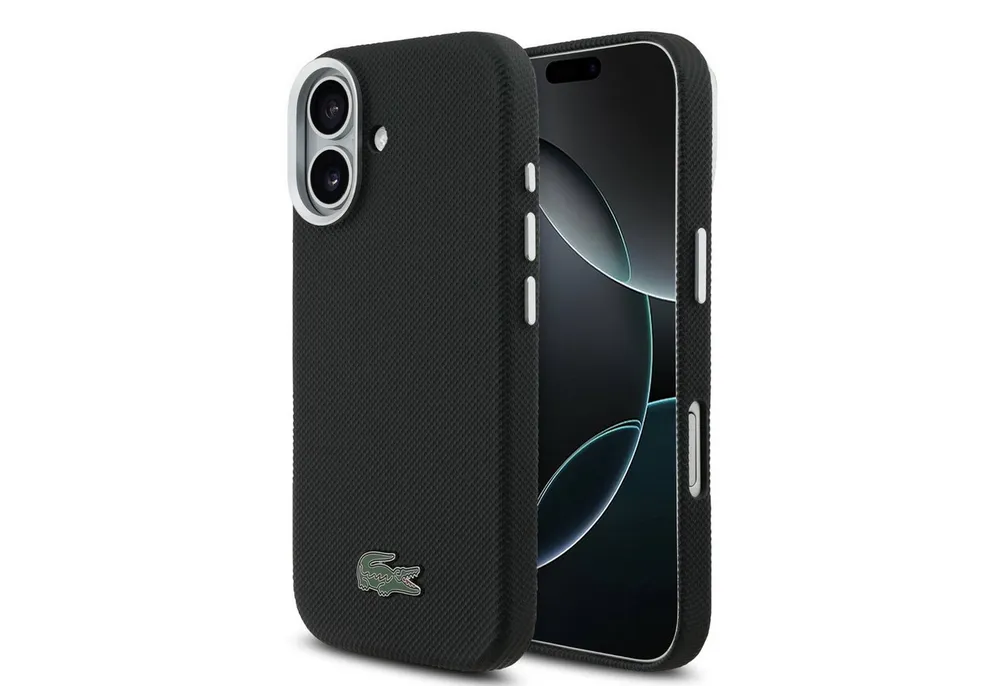 Lacoste Handyhülle iPhone 17 Kunstleder schwarz Logo Krokodil Magsafe 6,3 Zoll, Kantenschutz