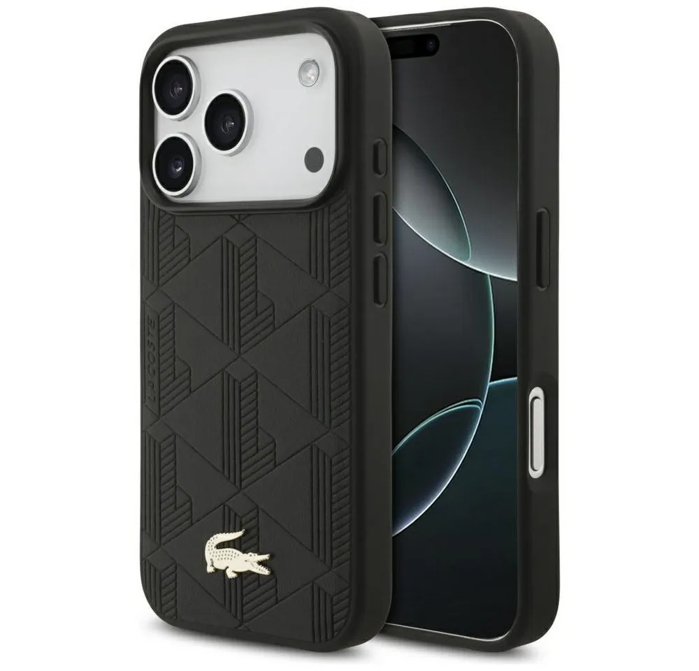 Lacoste Handyhülle iPhone 17 Pro Kunstleder schwarz Logo Krokodil goldfarbig. 6,3 Zoll, Kantenschutz
