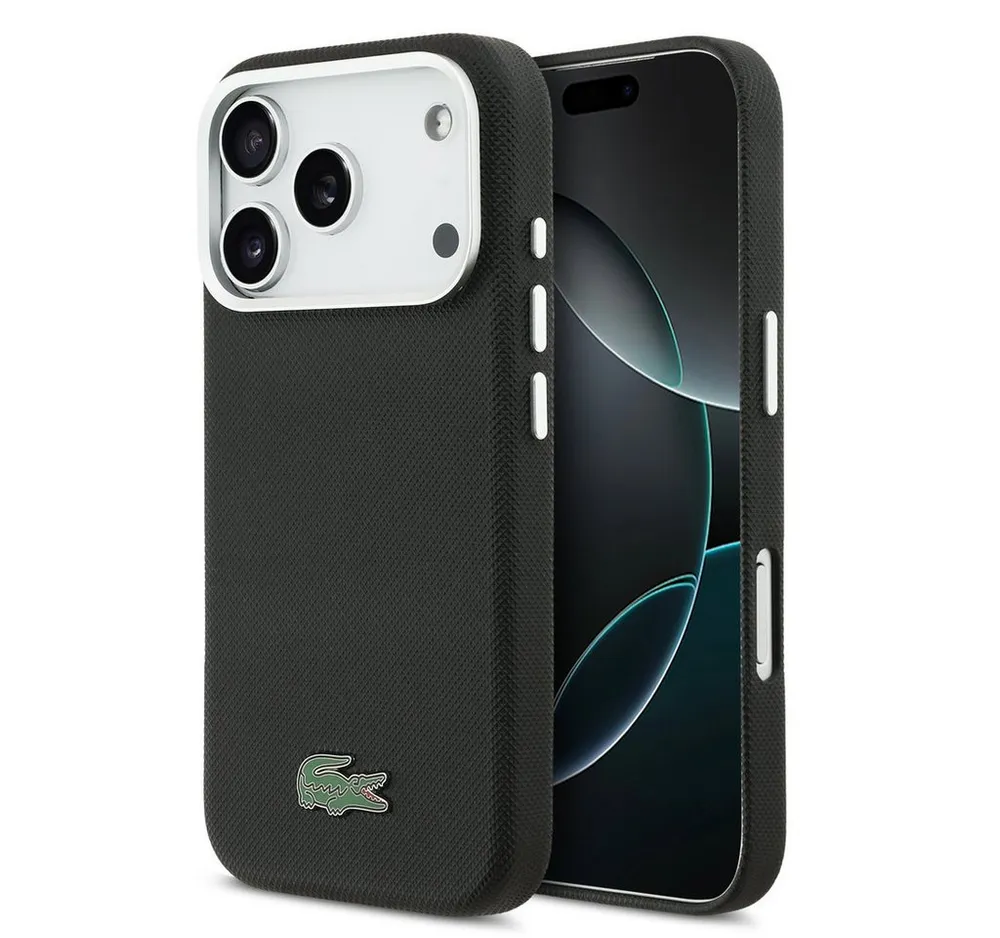 Lacoste Handyhülle iPhone 17 Pro Kunstleder schwarz Logo Krokodil Magsafe 6,3 Zoll, Kantenschutz