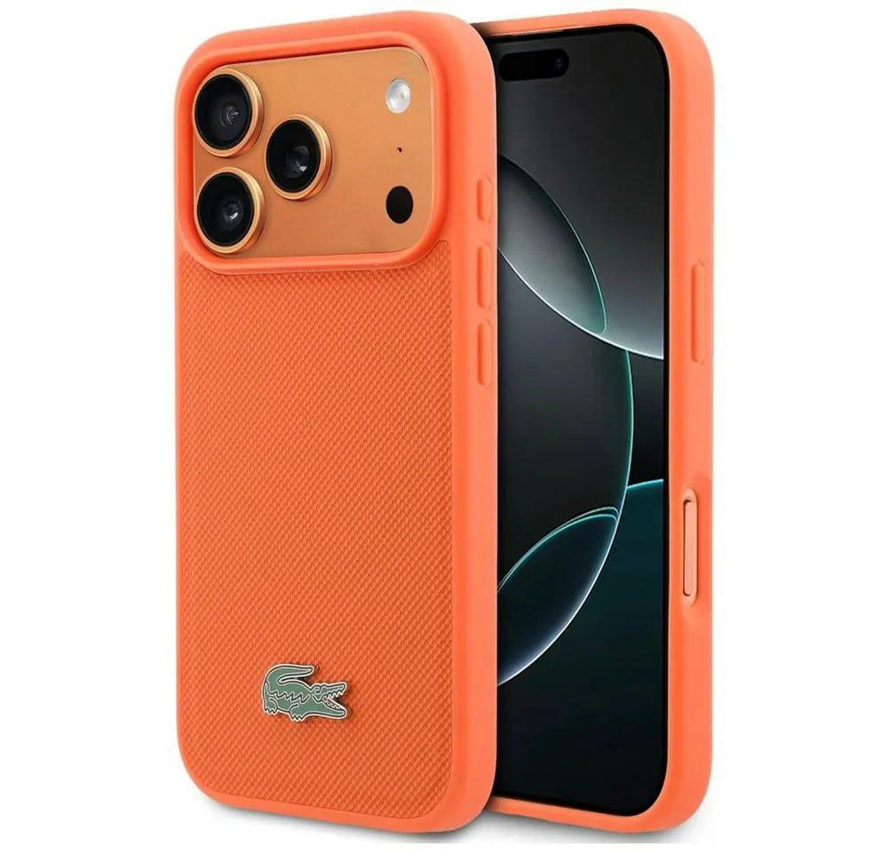 Lacoste Handyhülle iPhone 17 Pro Lacoste Iconic Petit Pique orange Logo Metall Magsafe 6,3 Zoll, Kantenschutz