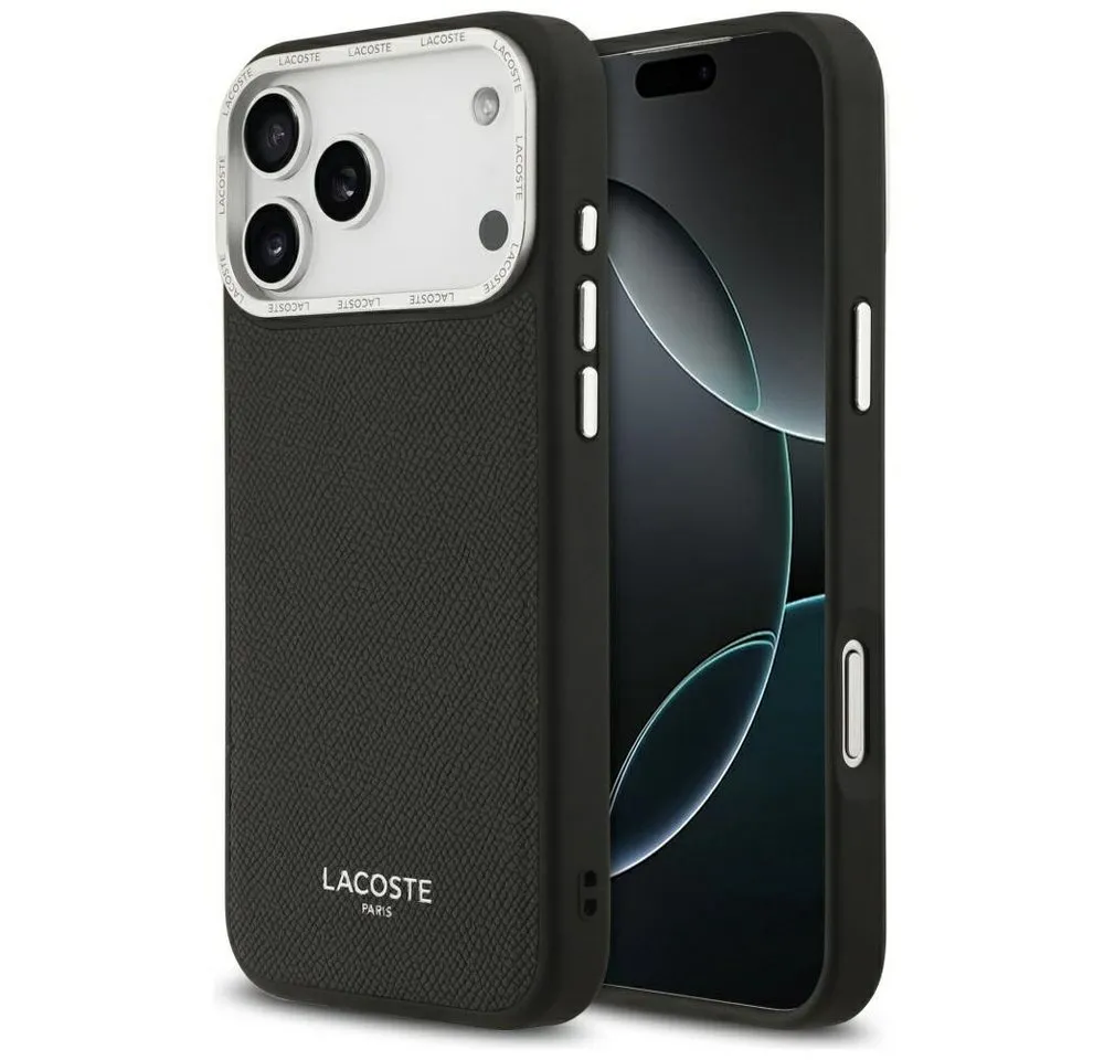 Lacoste Handyhülle iPhone 17 Pro Max Champs Elysees Kunstleder schwarz Logo Magsafe 6,9 Zoll, Kantenschutz