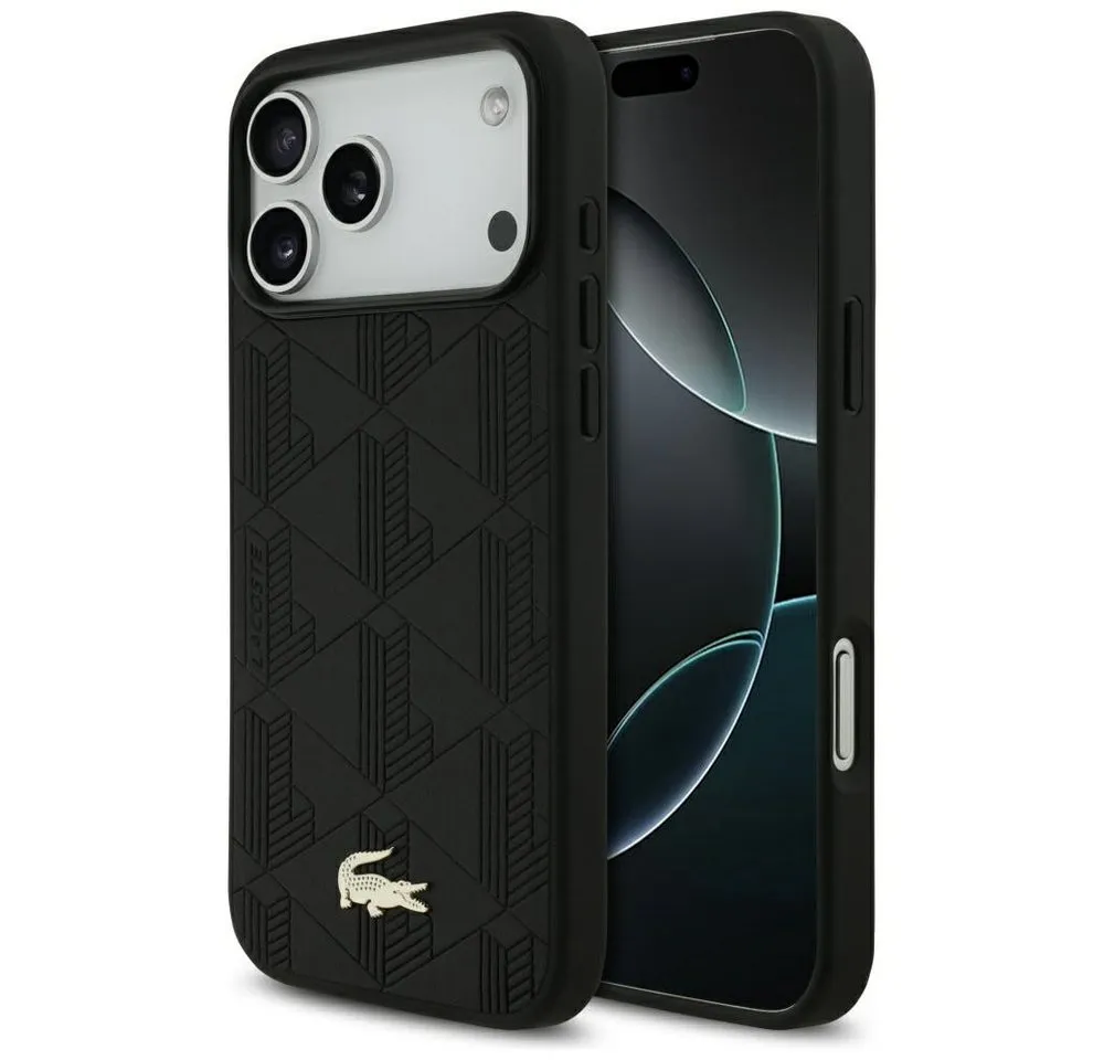 Lacoste Handyhülle iPhone 17 Pro Max Kunstleder schwarz Logo Krokodil goldfarbig. 6,9 Zoll, Kantenschutz
