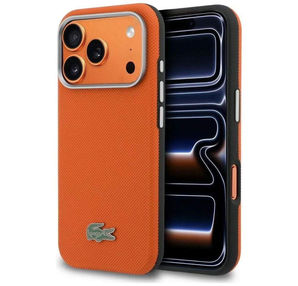 Lacoste Handyhülle iPhone 17 Pro Max Petit Pique orange schwarz Logo Metall Magsafe 6