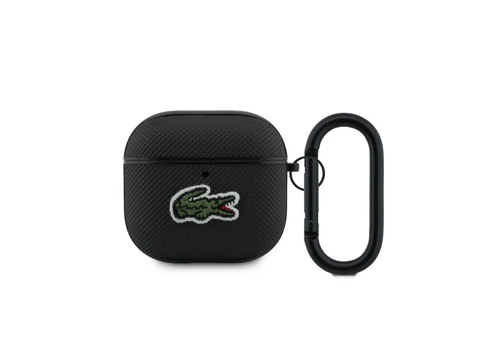 Lacoste Kopfhörer-Schutzhülle Case AirPods 4 schwarz Logo Krokodil grün mit Karabiner