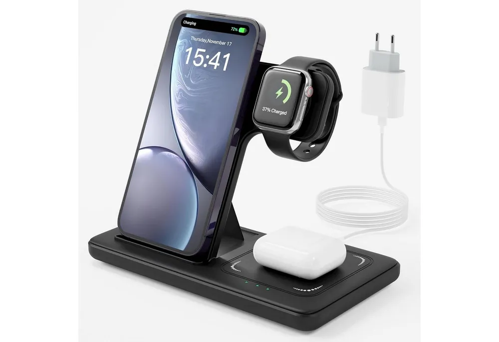 LaCute 3 in 1 Wireless Charger für iPhone Apple Watch und AirPods Dock Wireless Charger (3000 mA, Magnetische 3 in 1 Ladestation für iPhone Apple Watch AirPods Dock, 3 in 1 Wireless Charger Induktionsladestation mit 20W Netzteil Set, MagSafe kompatibel Schnellladestation mit Ladestatusanzeige schwarz)