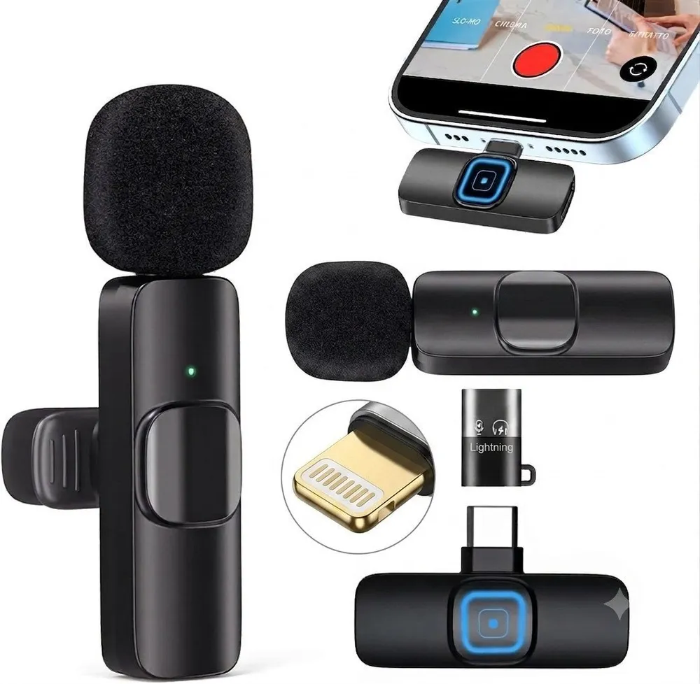 LaCute Mikrofon Kabelloses Lavaliermikrofon mit USB C und Lightning Adapter Set (Kabelloses Smartphone Mikrofon Set für Video und Live Streaming), Kabelloses Lavaliermikrofon mit USB-C Empfänger und Lightning Adapter