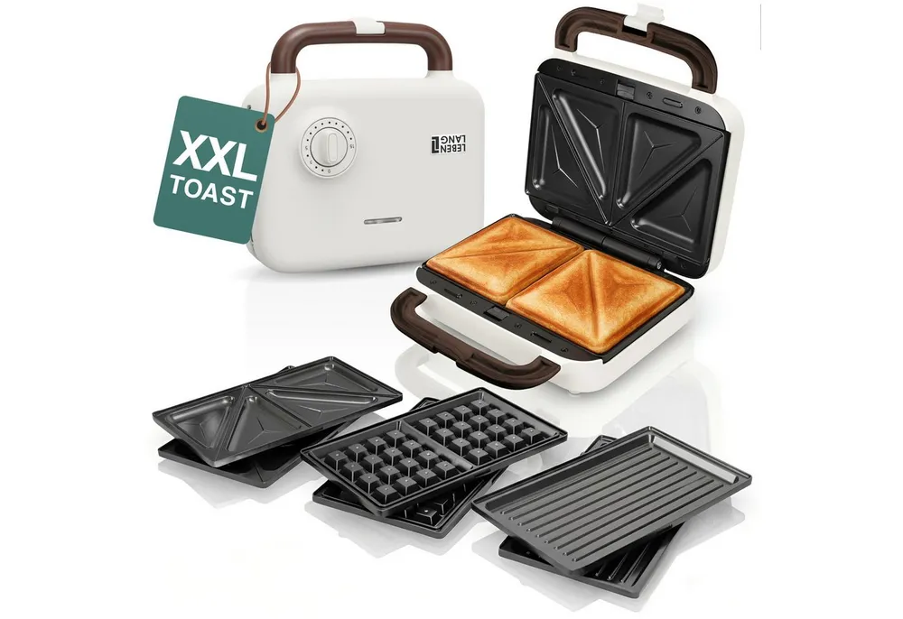 Lebenlang 3-in-1-Sandwichmaker Waffeleisen - Sandwichmaker - Kontaktgrill - Für Panini, Waffeln & Co., 750 W, 3in1 Kombi-Gerät, 15 Min. Timer, Hochwertiges Holzdesign