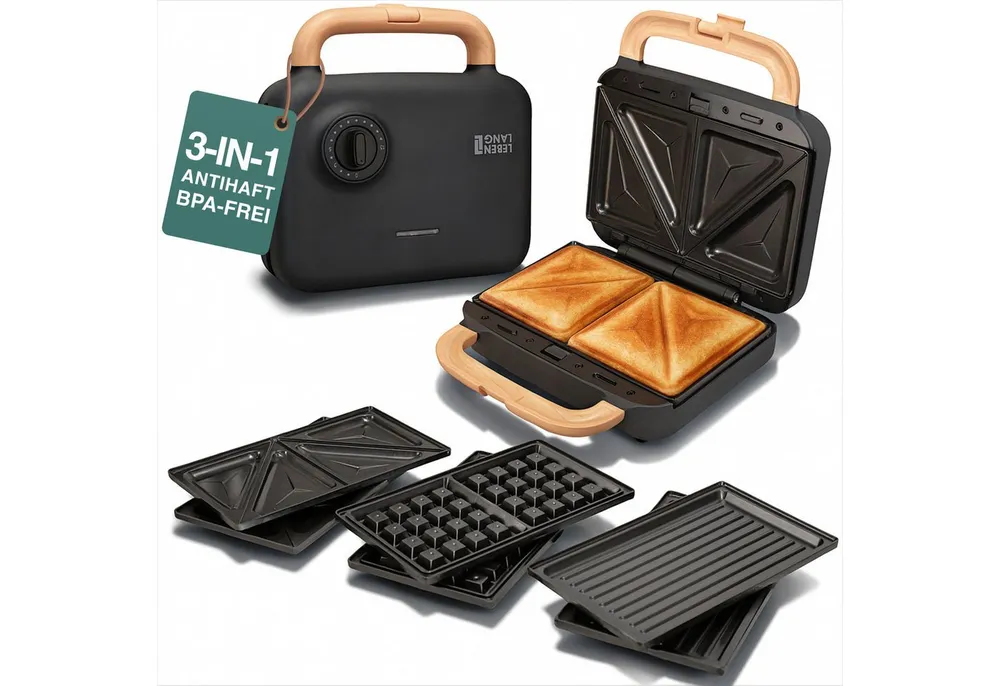 Lebenlang 3-in-1-Sandwichmaker Waffeleisen - Sandwichmaker - Kontaktgrill - Für Panini, Waffeln & Co., 750 W, 3in1 Kombi-Gerät, 15 Min. Timer, Hochwertiges Holzdesign