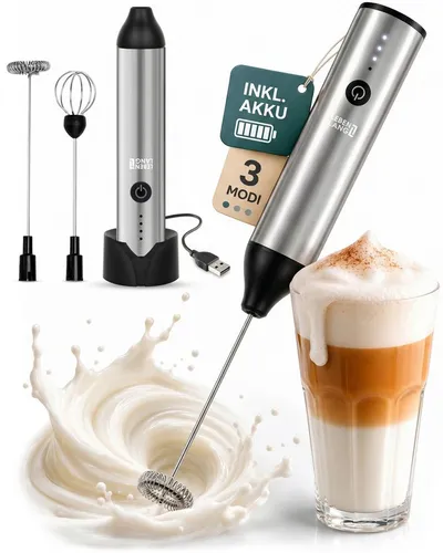 Lebenlang Milchaufschäumer Stab - Elektrisch & Wiederaufladbar - Inkl. Extra Rührbesen, 8 W, 3 Modi - Auch für Sahne, Rührei und Dressings