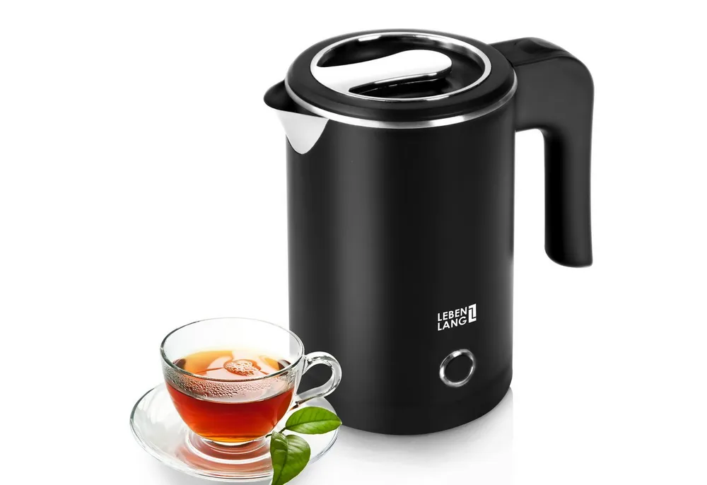 Lebenlang Reise-Wasserkocher Klein & Handlich, Ideal für die Reise, In Schwarz & Weiß, 600,00 W, Energieeffizienz I BPA-frei I Tragbares Design I Edelstahlgehäuse