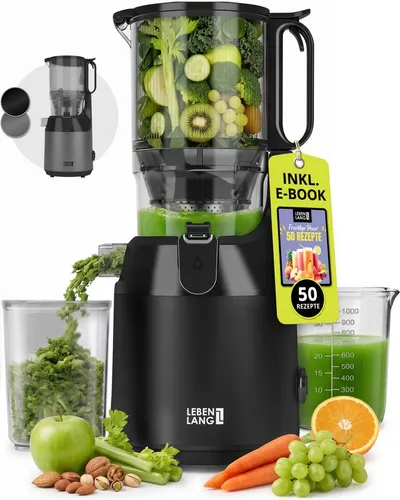 Lebenlang Slow Juicer Entsafter mit großer Öffnung, Für ganze Früchte und Gemüse, Rezepte, 250 W, BPA-Frei, Hohe Saftausbeute, Erhalt der Nährstoffe