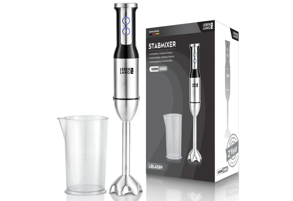 Lebenlang Stabmixer Edelstahl Pürierstab, 1000,00 W, 8 Geschwindigkeitsstufen & Turbo-Modus I Edelstahl I Spritzschutz