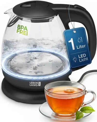 Lebenlang Wasserkocher aus Glas - Kochendes Wasser in 3 Min - Kompakt & Ideal auch für Reisen, 2200 W, Energieeffizient - Flexible 360° Basis - Platzsparend - 67cm Kabel