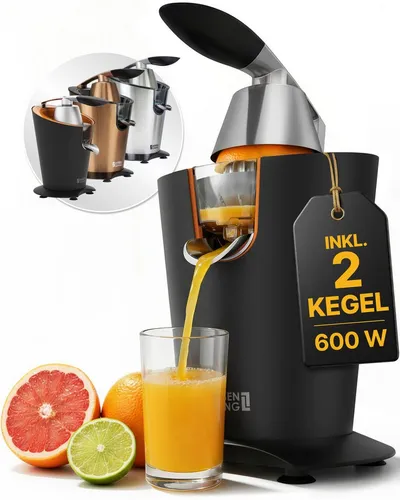 Lebenlang Zitruspresse LEBENLANG Saftpresse elektrisch 600W - Inkl. Edelstahlkegel & BPA-Frei, 600,00 W, Hohe Saftausbeute, Schwarz & Silber