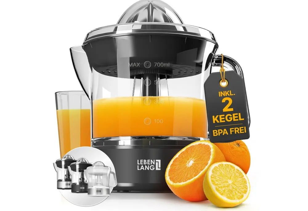 Lebenlang Zitruspresse Saftpresse elektrische Zitronenpresse Orangenpresse, 40,00 W, BPA-freie, zwei Drehrichtungen, spülmaschinenfest, Auto ON/OFF