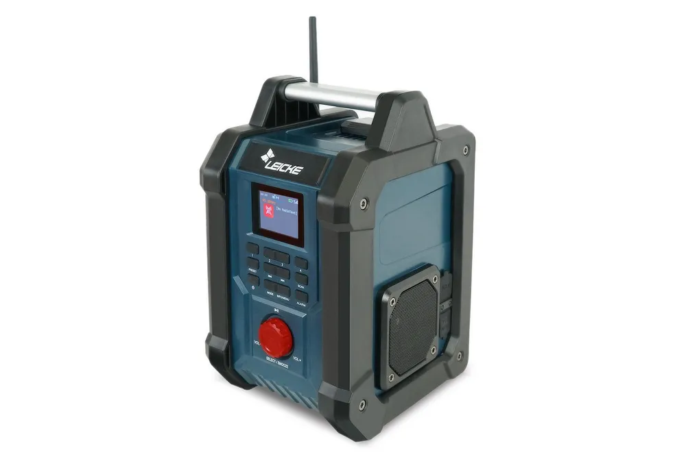 Leicke Baustellenradio DAB+, FM, BT, AUX, 4000mAh, 2×15W, LCD 2.4" Digitalradio (DAB) (Equalizer, Wecker, Schlaf-Timer, Beleuchtung, Inaktives Standby)