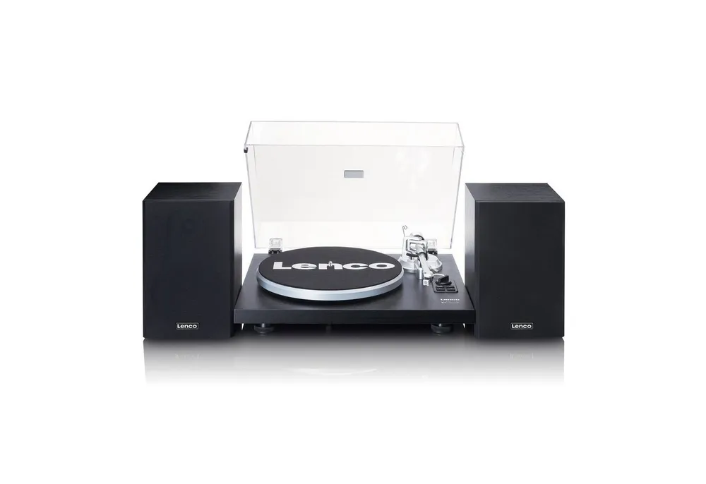 Lenco LS-500BK Plattenspieler (Riemenantrieb, Bluetooth, 60W RMS externe Holzlautsprecher, 33/45 U/min und Bluetooth Streaming)